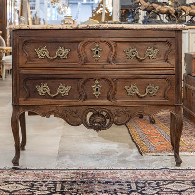 Louis XV 18th Century Walnut Chest – Carved Apron & Breccia Pernice Marble Top