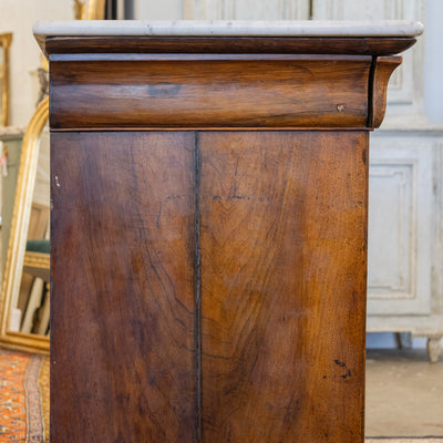 Louis Philippe Burl Wood Chest – White Marble Top & Floral-Lined Drawers