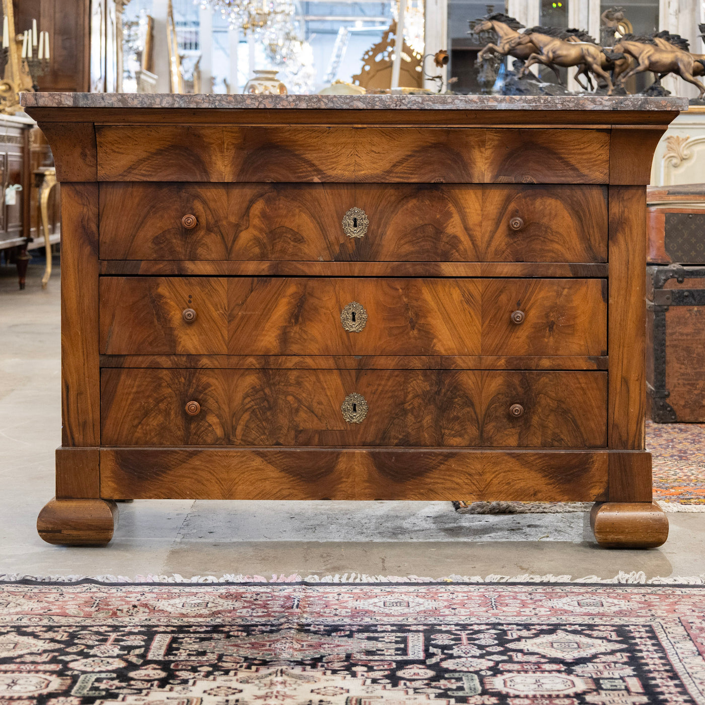 Louis Philippe Burl Wood Chest – Rounded Feet & Breccia Marble Top