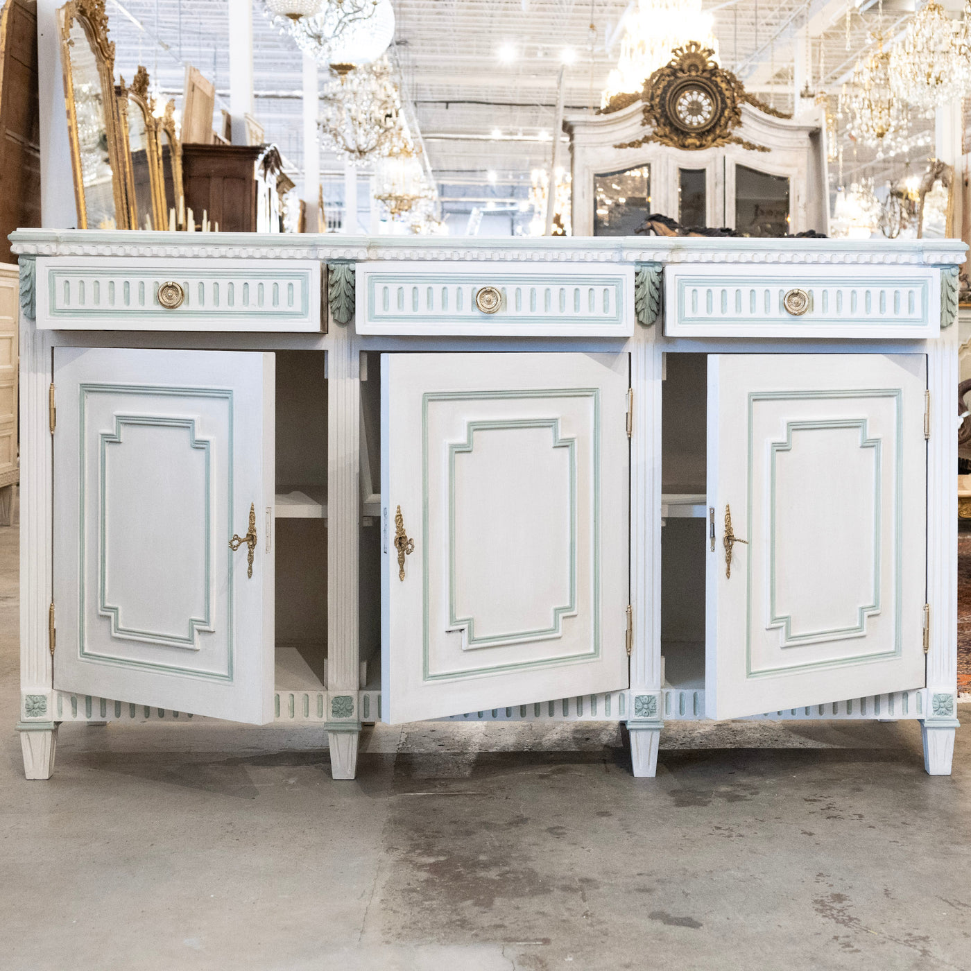 Swedish White Painted Sideboard with Blue Accents