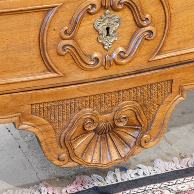 18th Century Wood Chest – Hand-Carved Details & Brass Rosette Pulls