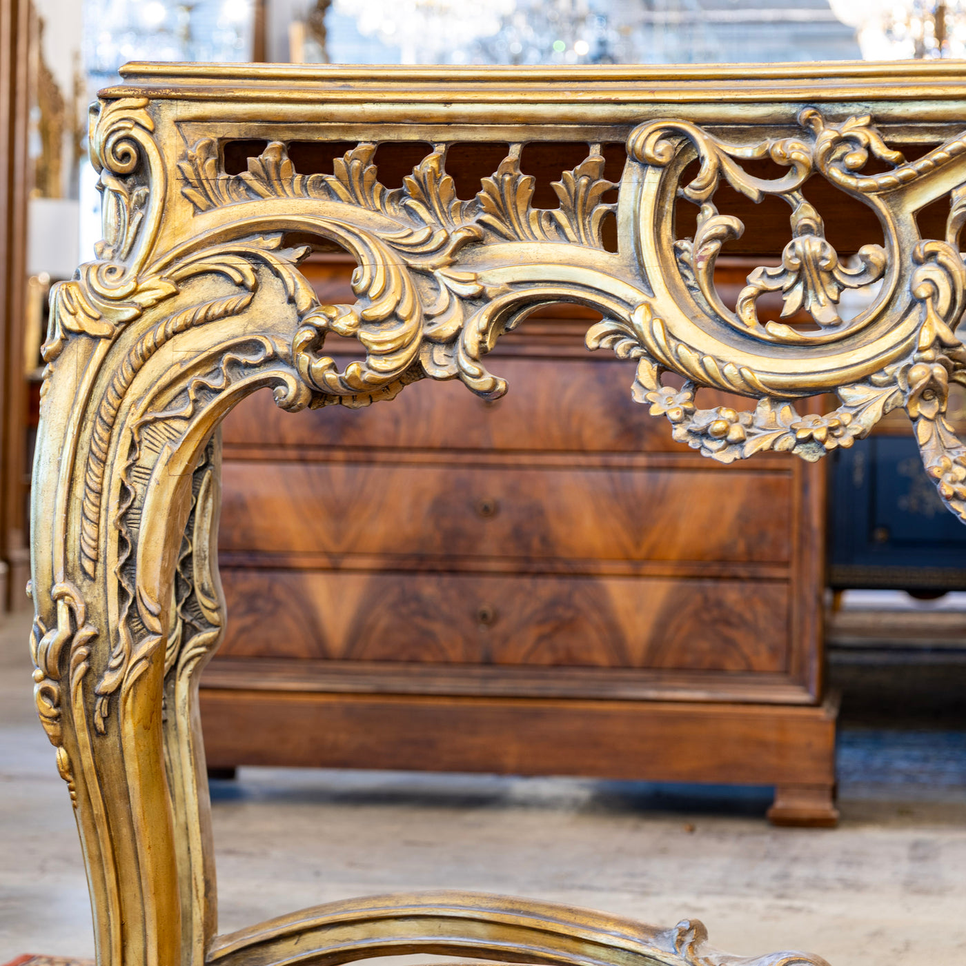 Louis XV Ornate Console Table – Detailed Gold Carvings & White Marble Top