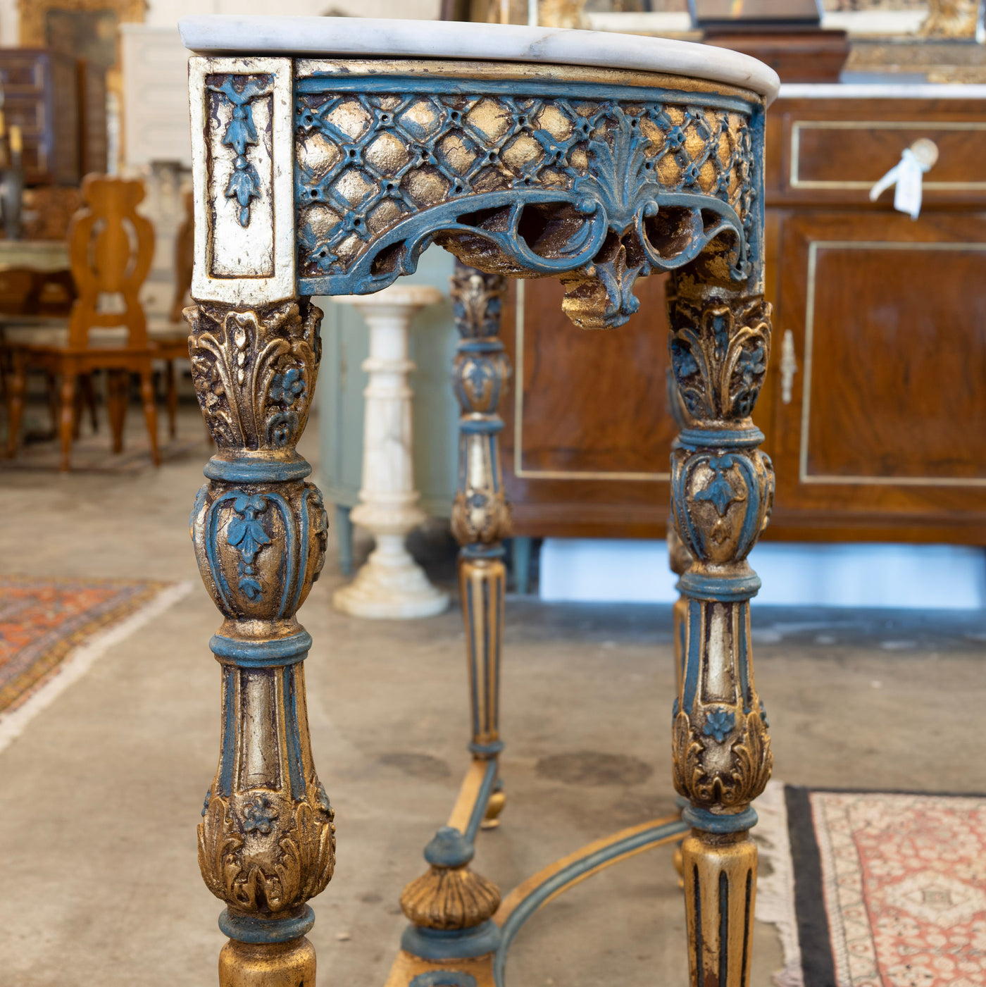 Louis XV Demilune Gilded Console Table – Blue Trim & White Marble Top