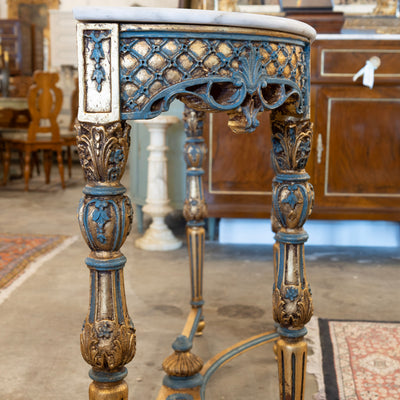 Louis XV Demilune Gilded Console Table – Blue Trim & White Marble Top