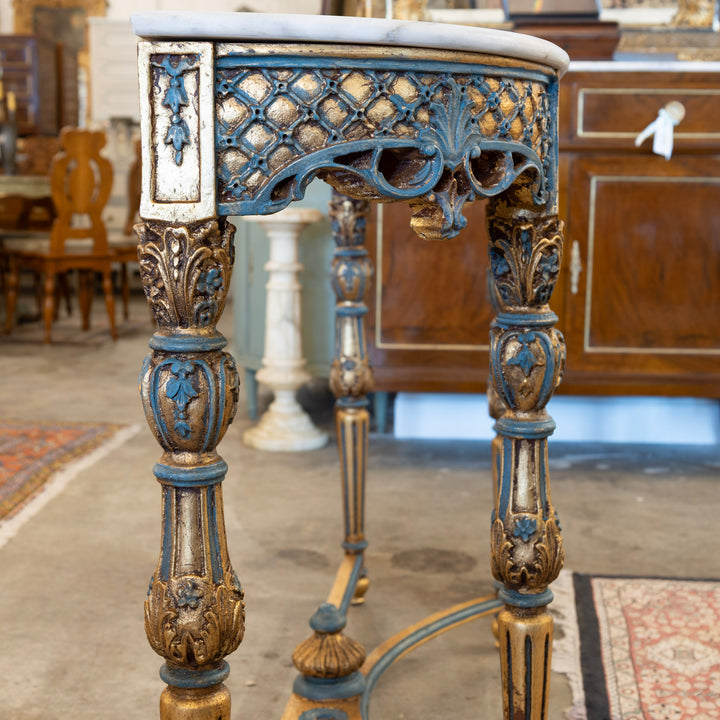 Louis XV Demilune Gilded Console Table – Blue Trim & White Marble