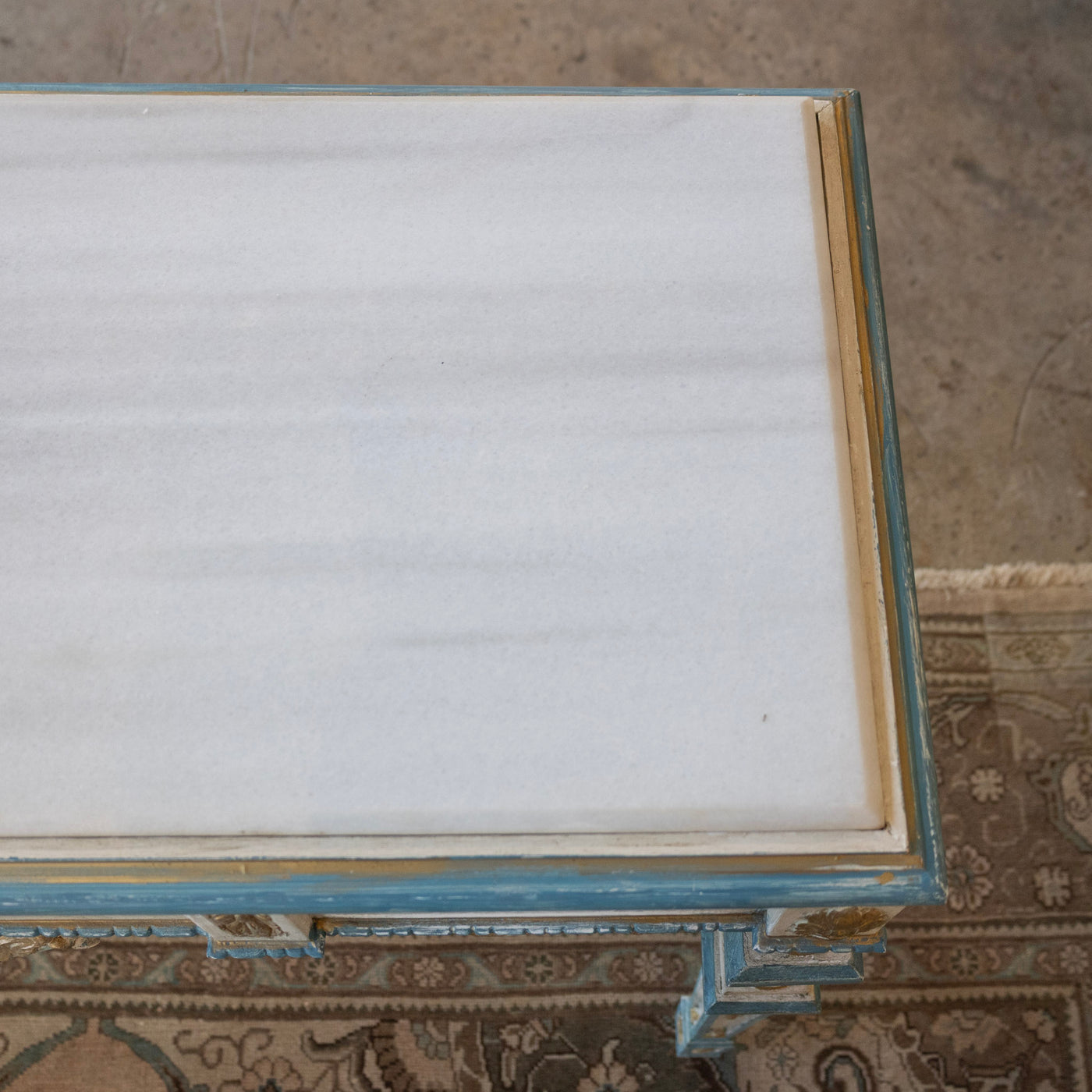 Louis XVI Gilded Console Table – Hand-Painted Blue & Gold with White Marble Top