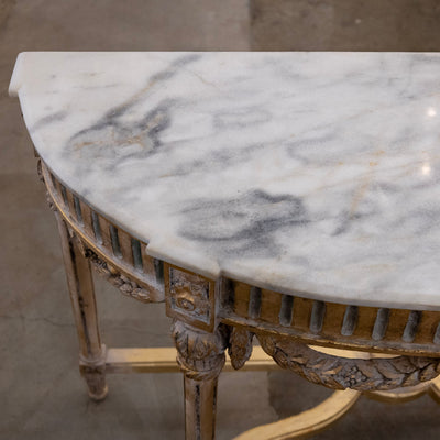 Louis XVI Demilune Console – Gilded Carvings with White Marble Top