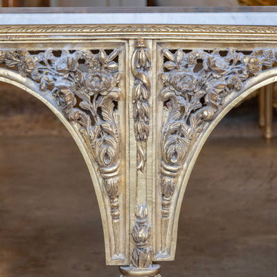 Louis XVI Ornate Gilded Console Table – Hand-Carved Florals & White Marble Top