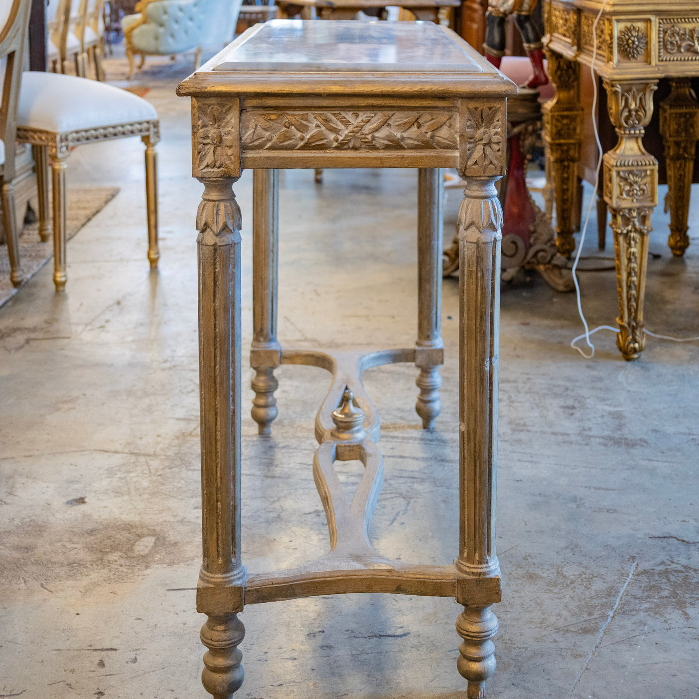 Louis XVI Gilded Champagne Gold Console – Carved Apron & White Marble Top