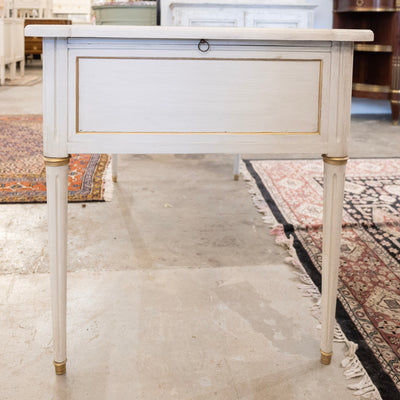 Louis XVI White Painted Desk with Gold Trim – Brown Leather Top & Slide-Out Panels