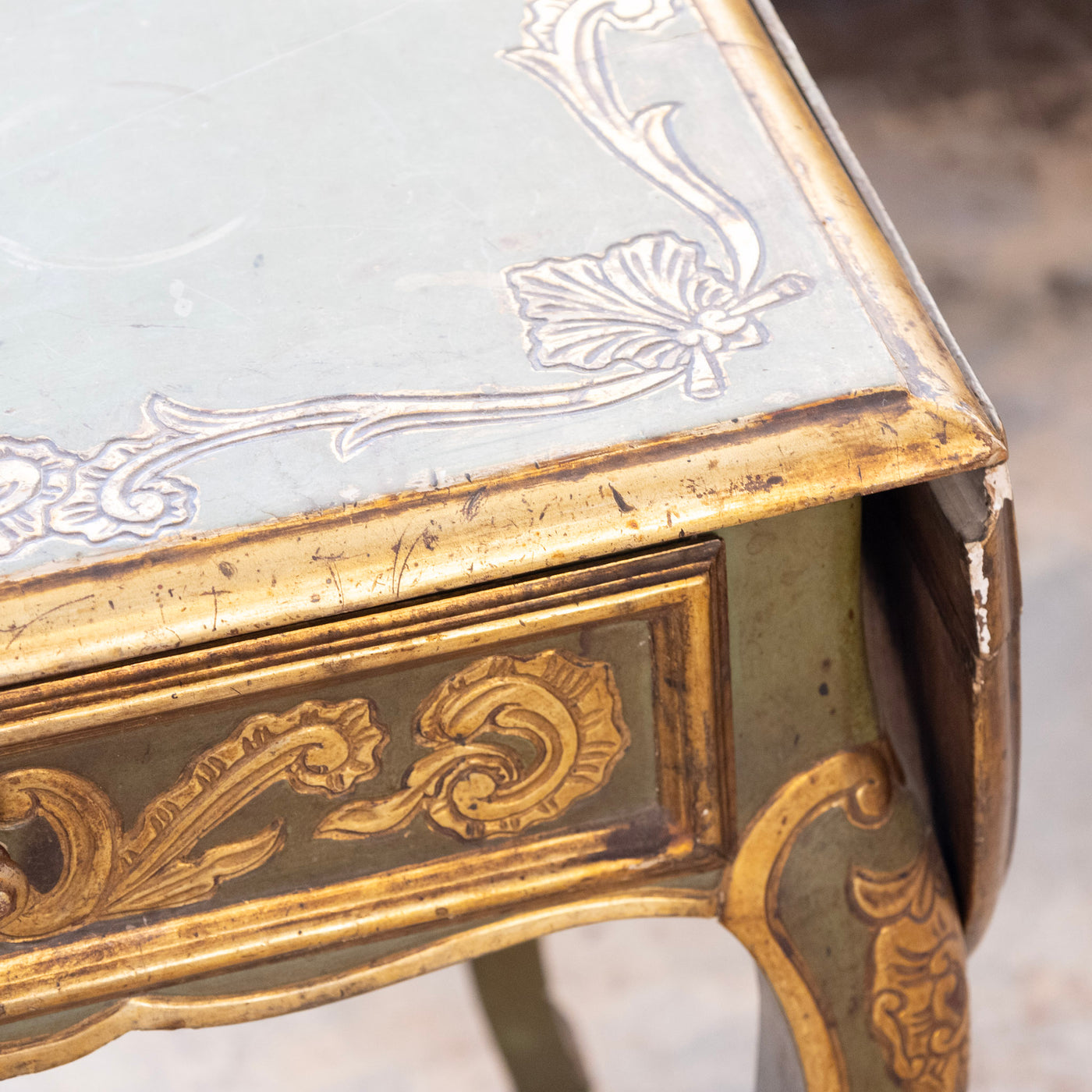 Italian Painted Green Accent Table – Drop-Leaf Sides with Gilded Accents