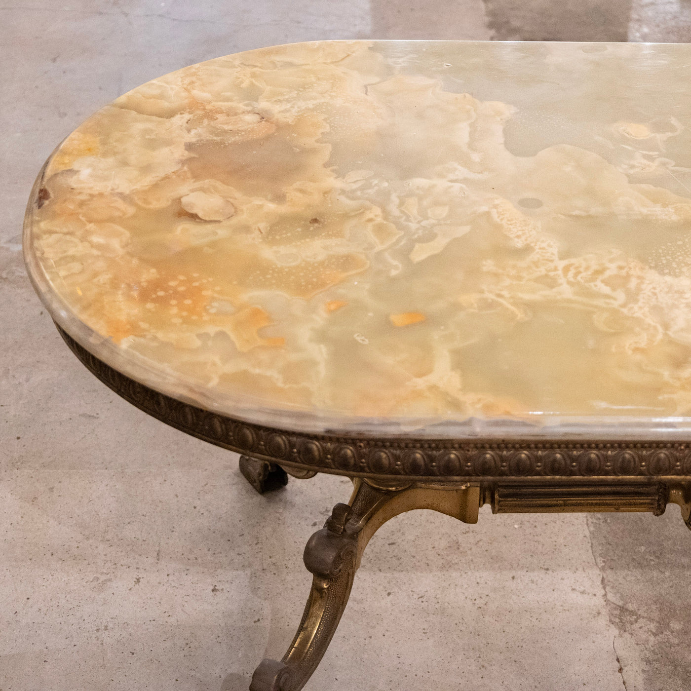 French Brass Oval Coffee Table – Green Onyx Top
