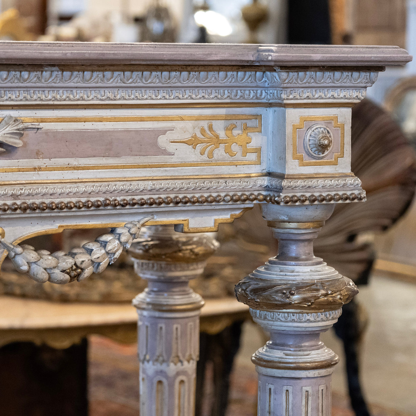 Louis XVI Painted Console Table – Carved & Medallion Details