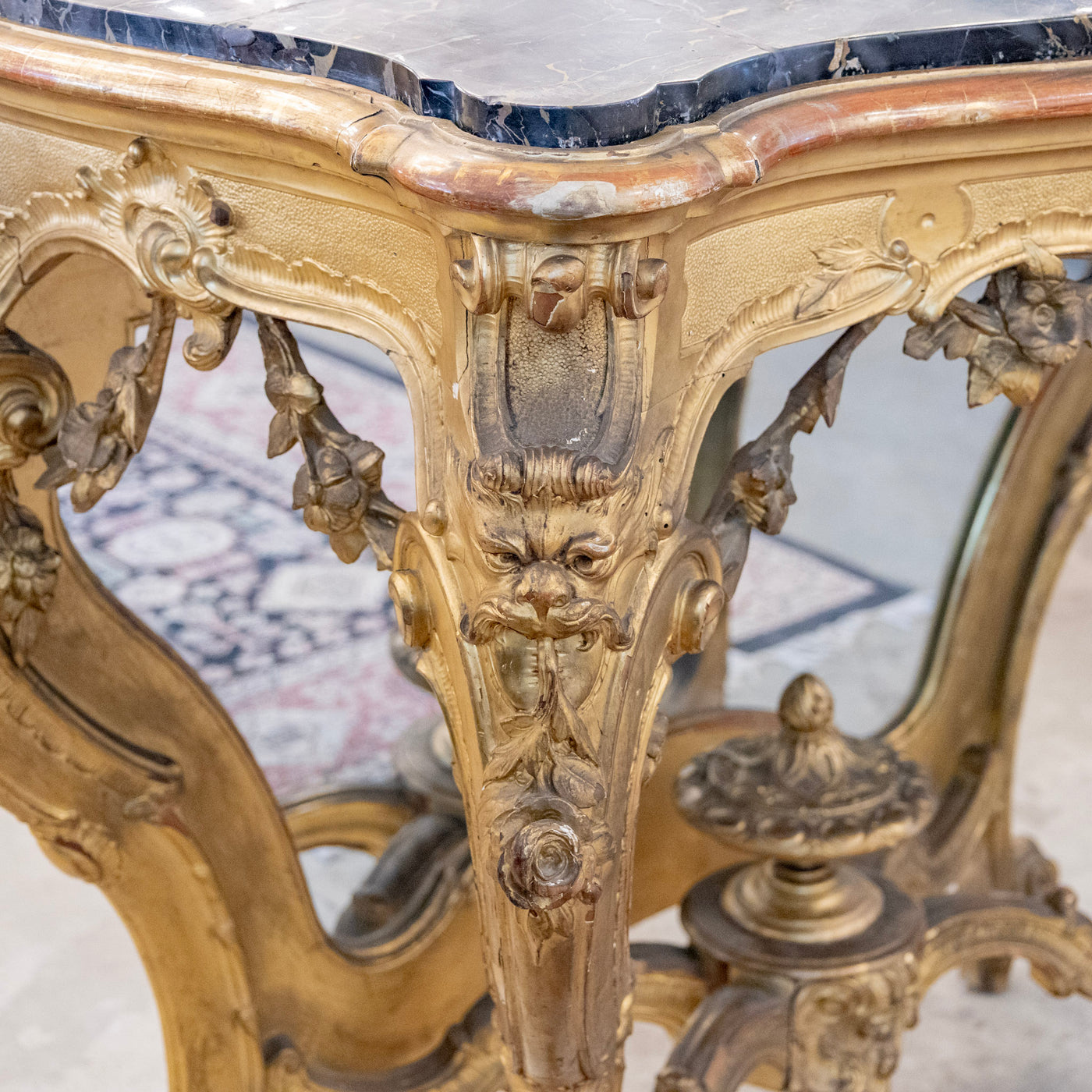 Louis XV Ornate Gilded Console Table – Black Marble Top – Le Chateau
