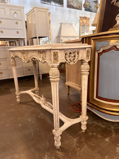 White Louis XVI Marble Top Carving French Console Table | Le Chateau | European Luxury Furniture in Atlanta