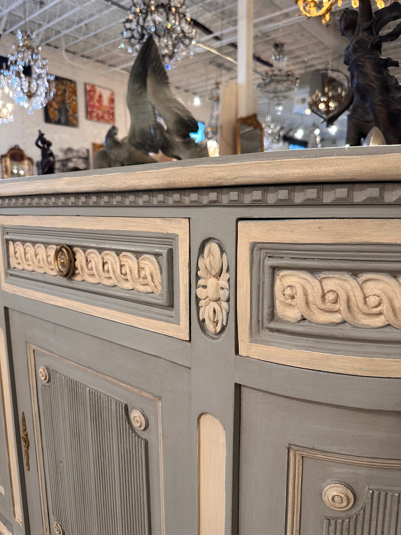 Antique Swedish Demilune Sideboard in French Blue & White | Le Chateau | European Luxury Furniture in Atlanta