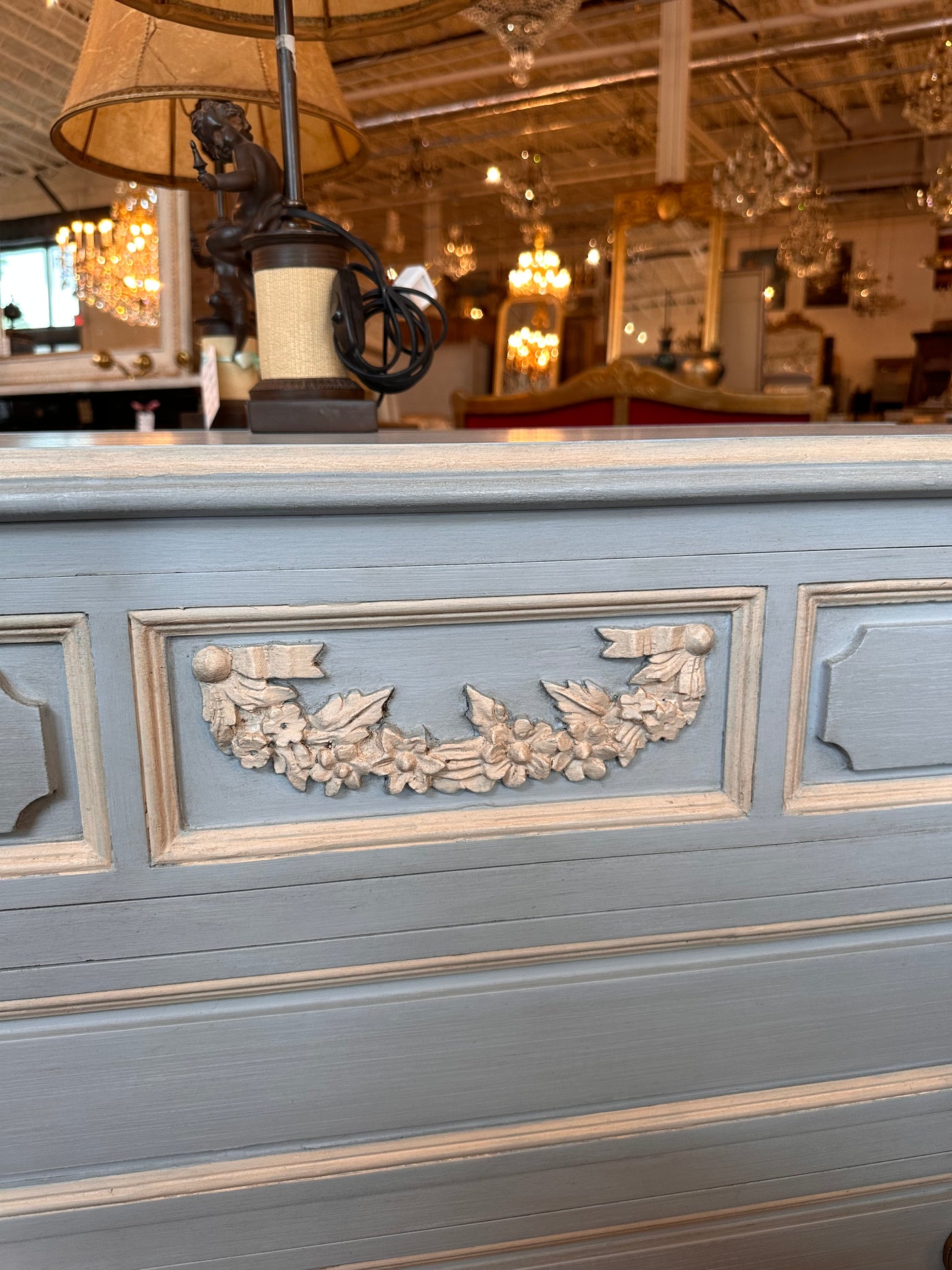 Blue Swedish Chest with White Carved Detailing | Le Chateau | European Luxury Furniture in Atlanta