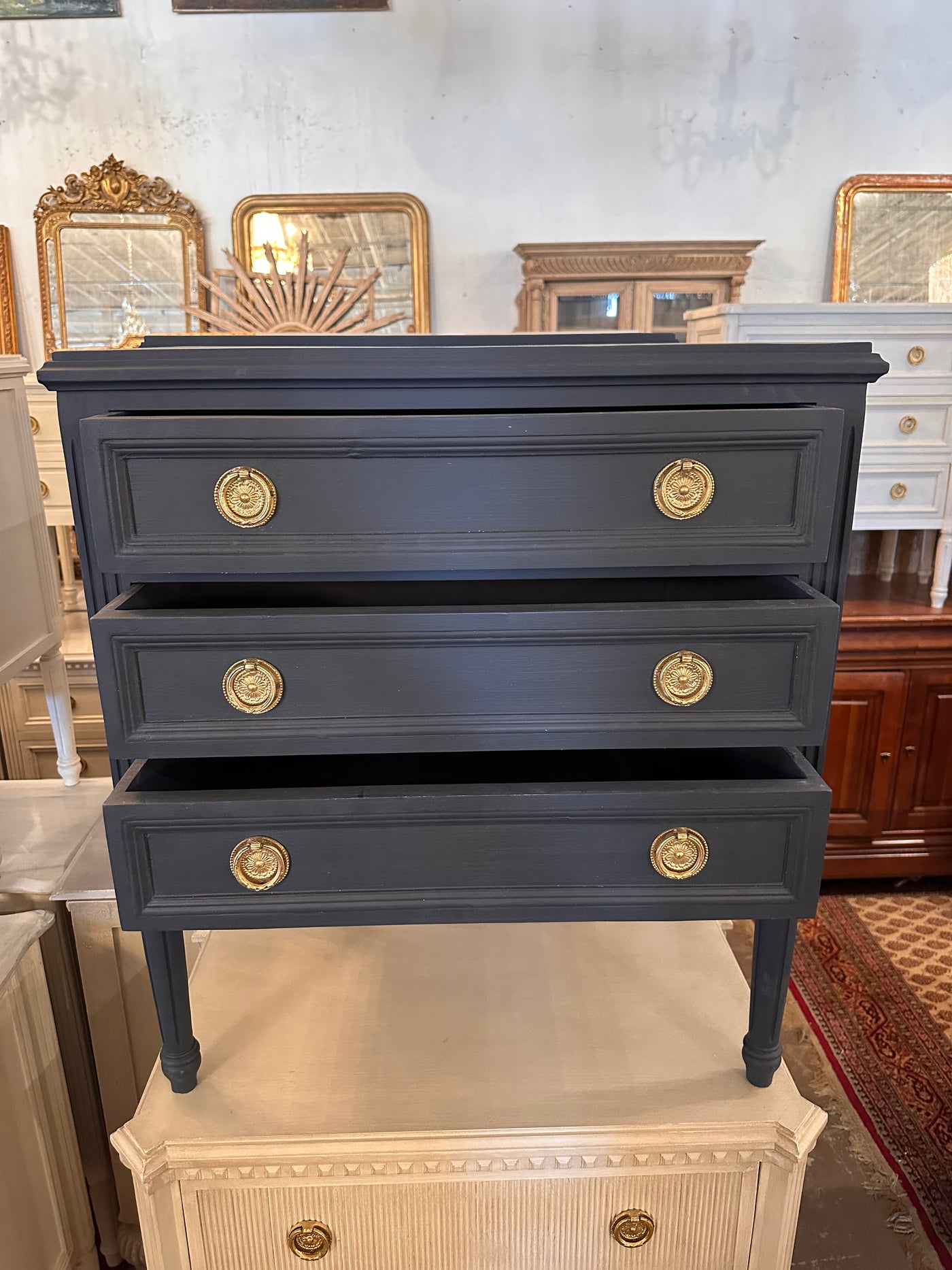 Antique Swedish Navy Blue Nightstand | Le Chateau | European Luxury Furniture in Atlanta