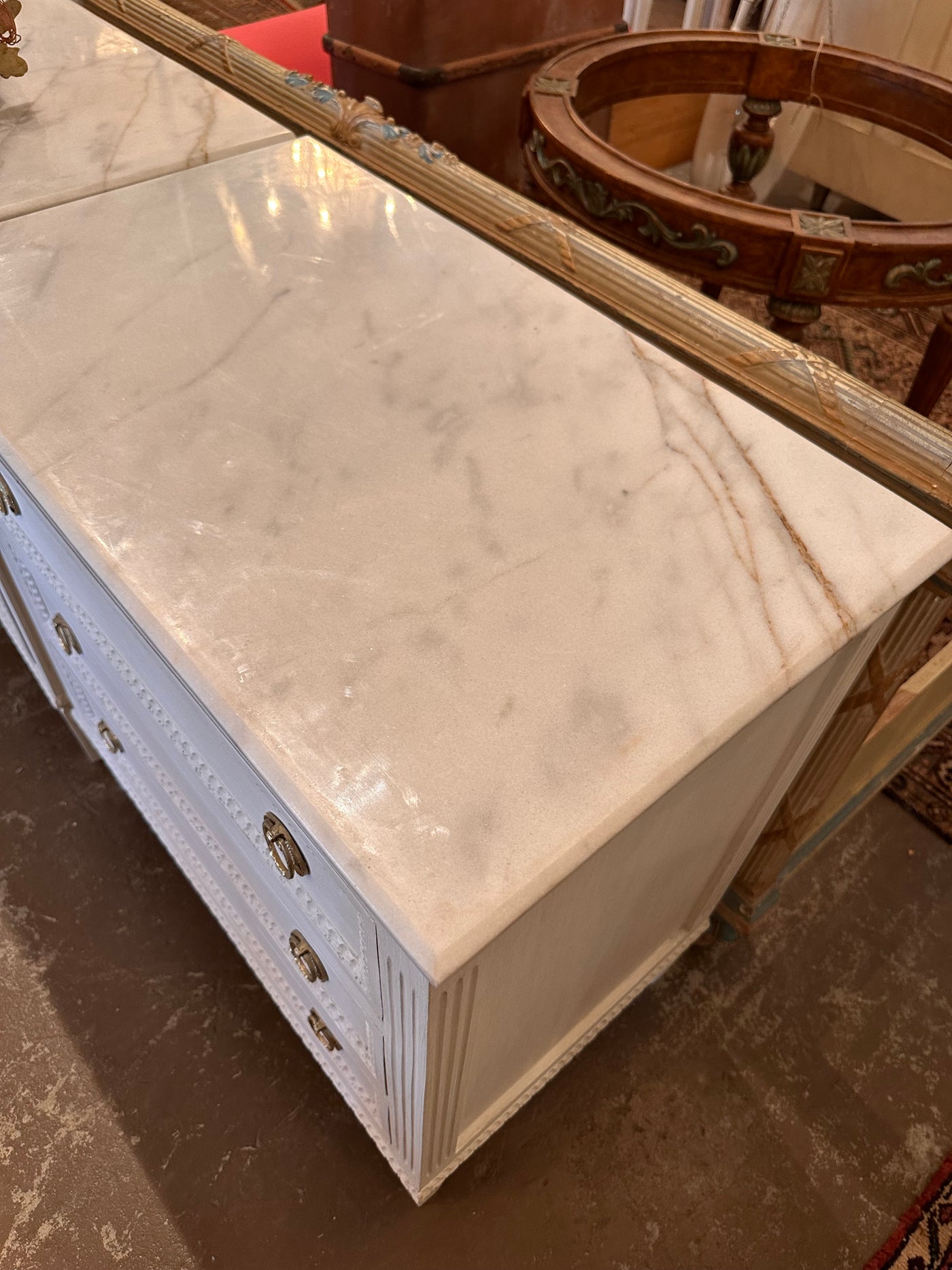 Swedish Beaded Front Nightstand with Marble Top | Le Chateau | European Luxury Furniture in Atlanta