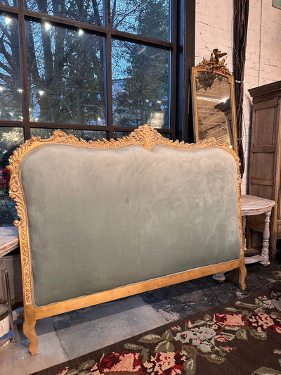 King Size Upholstered Headboard with Wood Carving