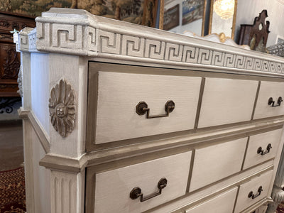 Antique White Swedish Chest with Greek Key Trim | Le Chateau | European Luxury Furniture in Atlanta