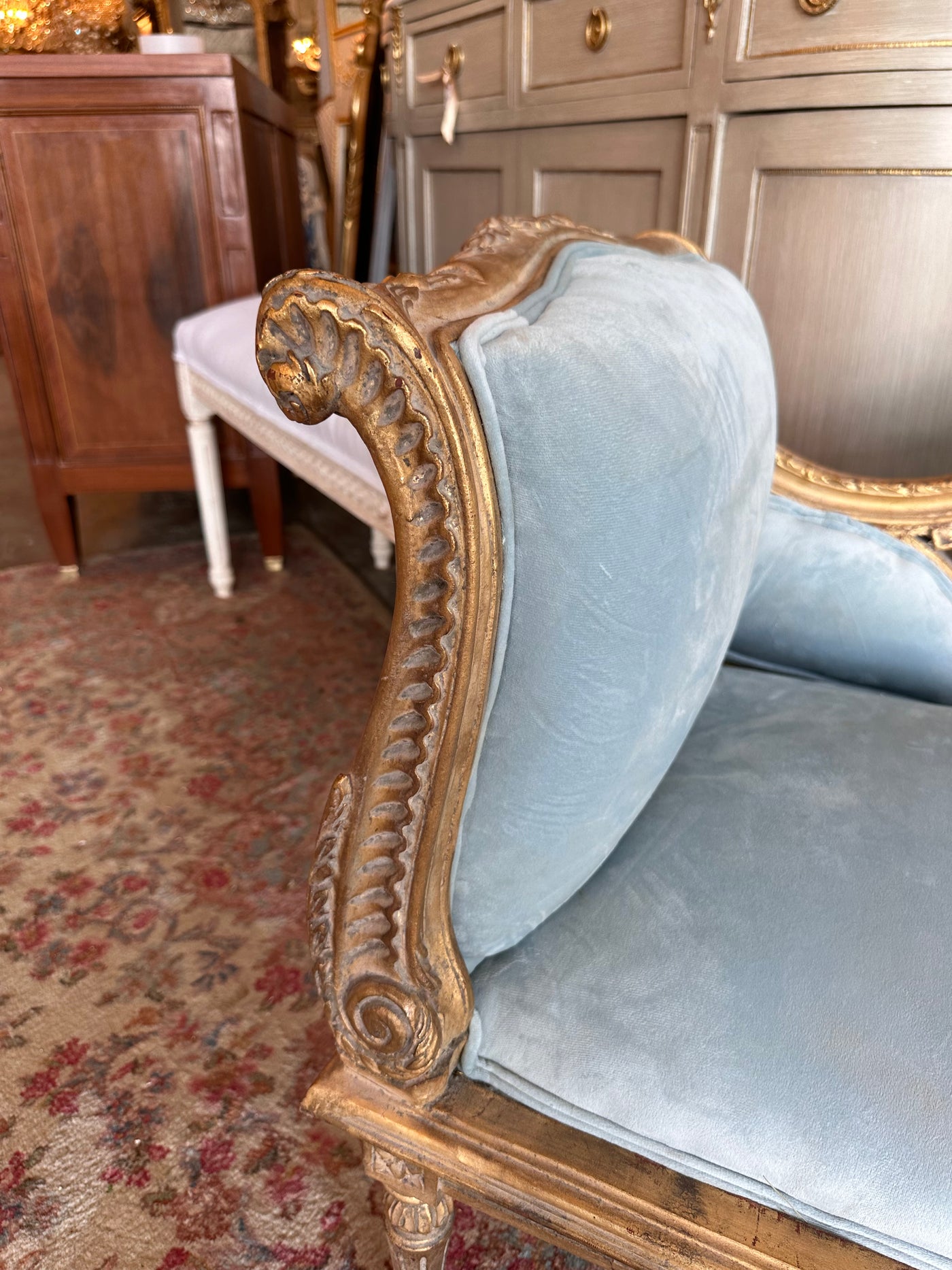 Louis XVI Baby Blue Velvet Settee