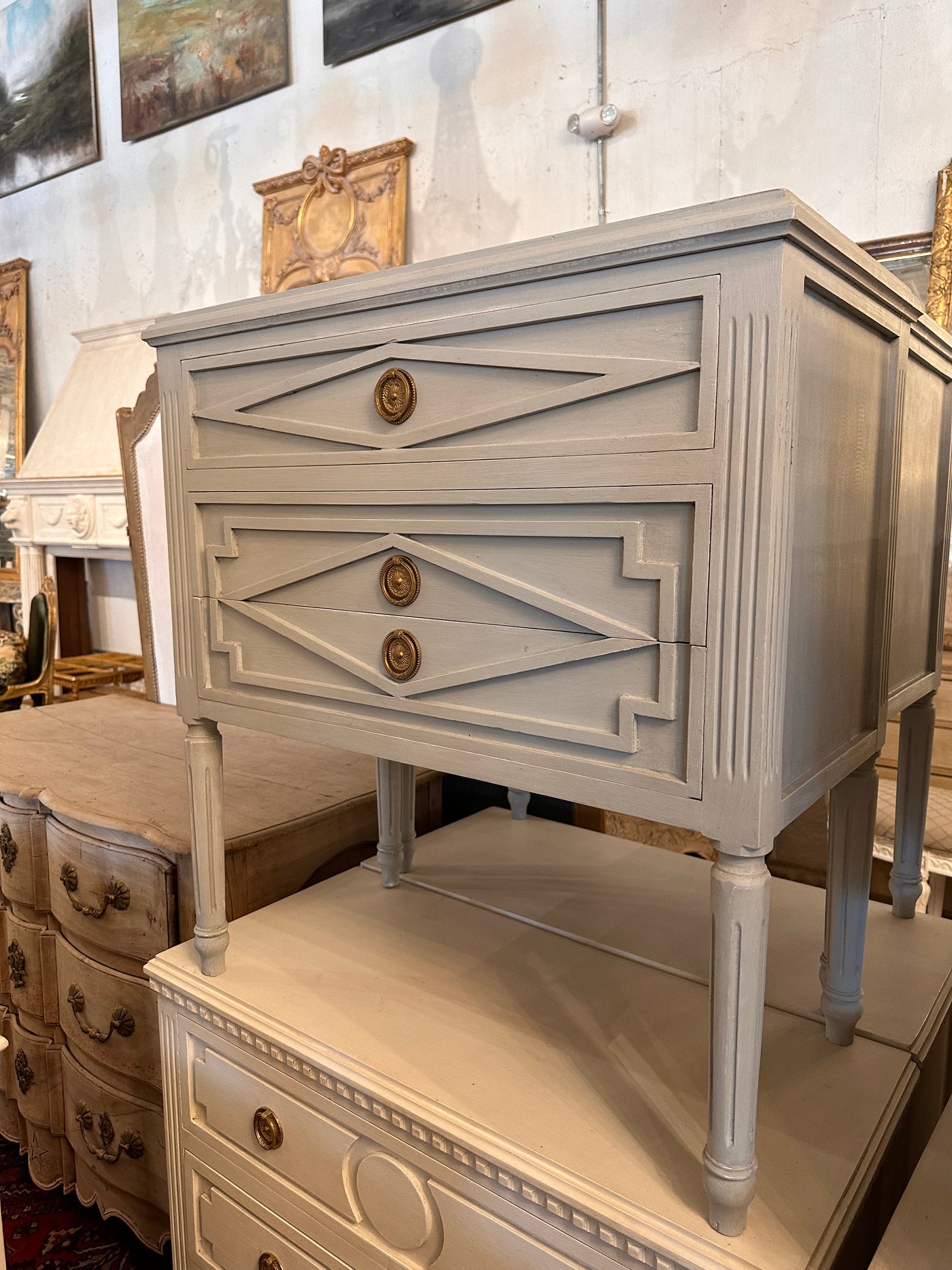 French Blue 3 Drawer Diamond Nightstand | Le Chateau | European Luxury Furniture in Atlanta