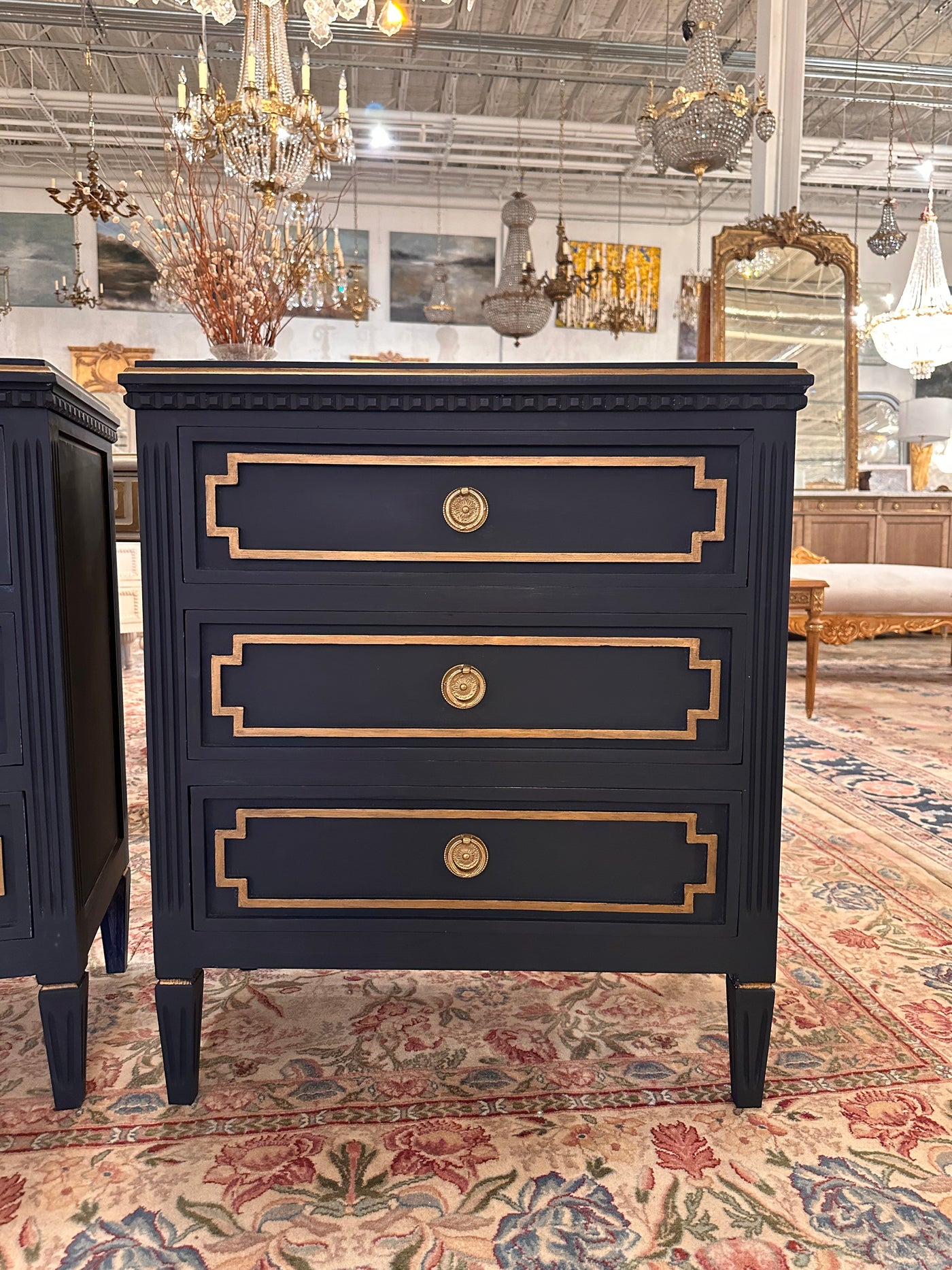 Swedish Nightstand in Navy with Gold Trim | Le Chateau | European Luxury Furniture in Atlanta