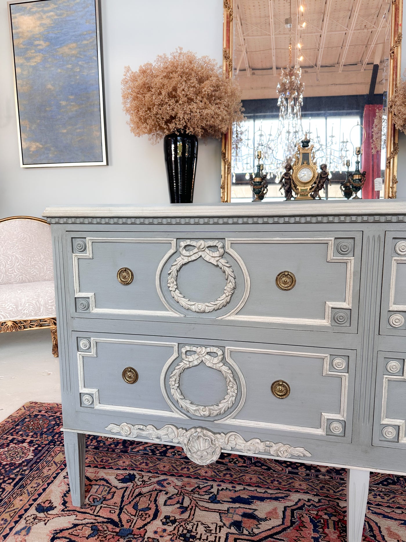 Swedish 4 Drawer Dresser in Soft Blue and White Trim