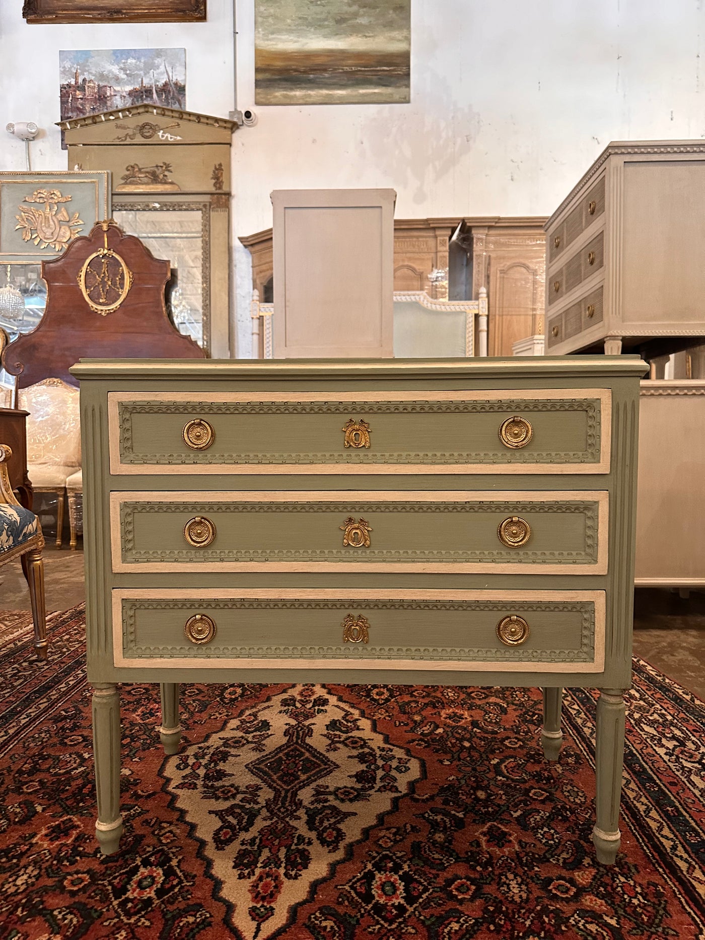 Green & White Swedish Chest with Rounded Legs | Le Chateau | European Luxury Furniture in Atlanta