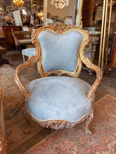 Pair of Louis XV Baby Blue Velvet Arm Chairs | Le Chateau | European Luxury Furniture in Atlanta