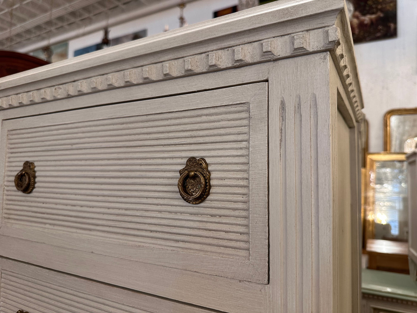 Horizontal Reed Swedish Nightstand with Bow Hardware | Le Chateau | European Luxury Furniture in Atlanta