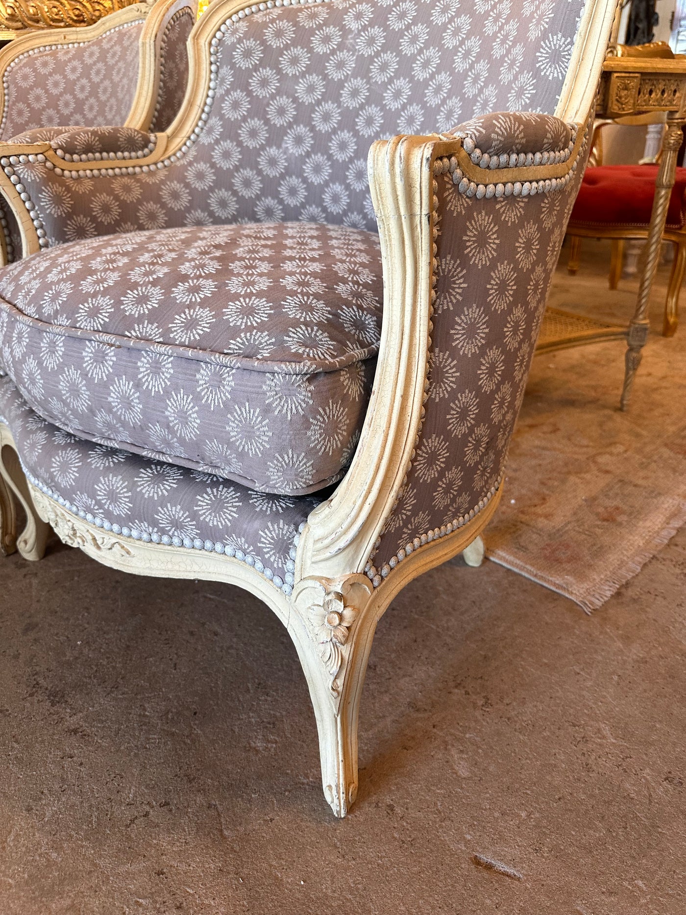 Pair of Sunburst Purple Pattern Louis XV Chairs