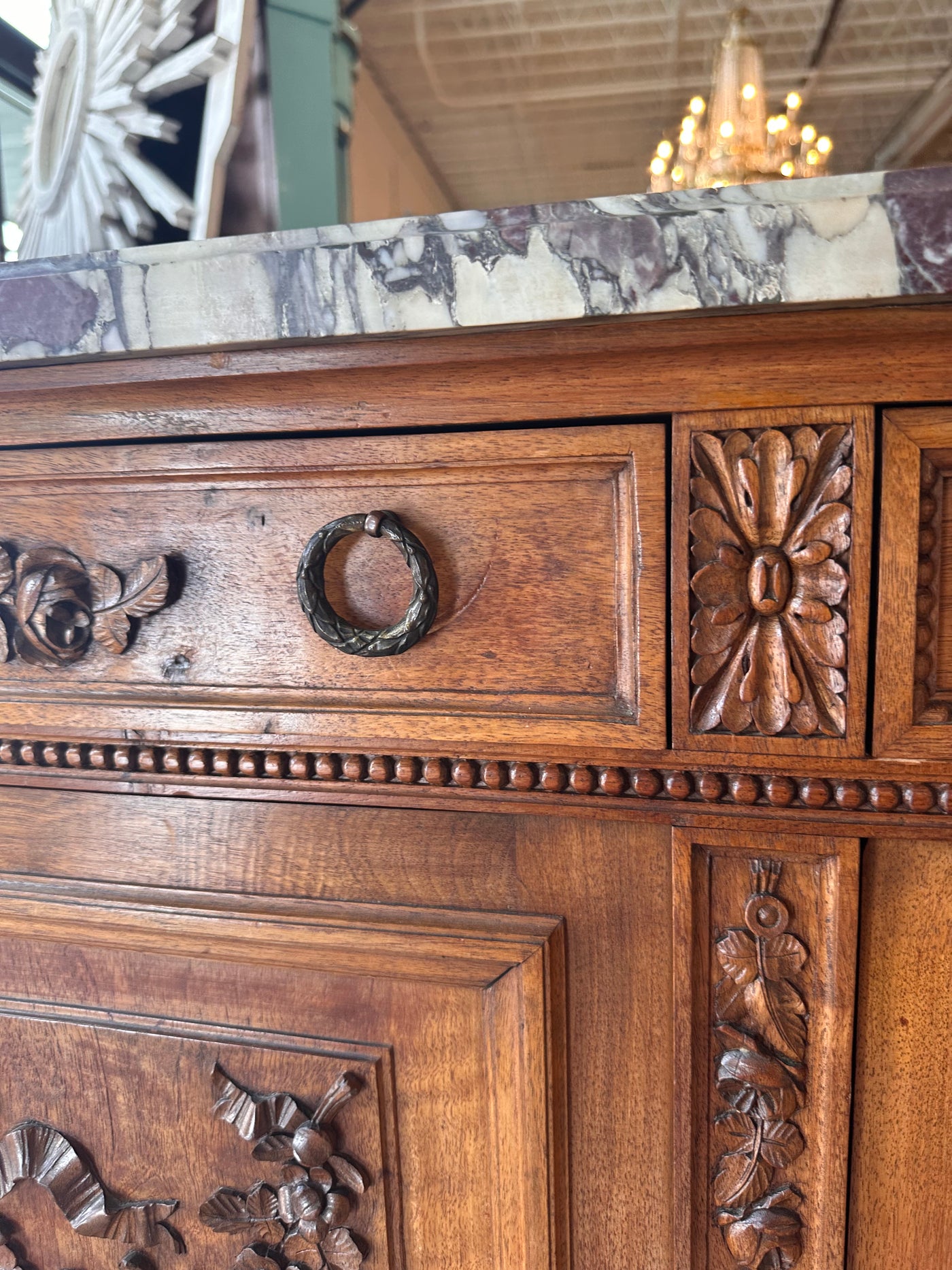 Walnut Wood French Sideboard with Multi Color Marble Top