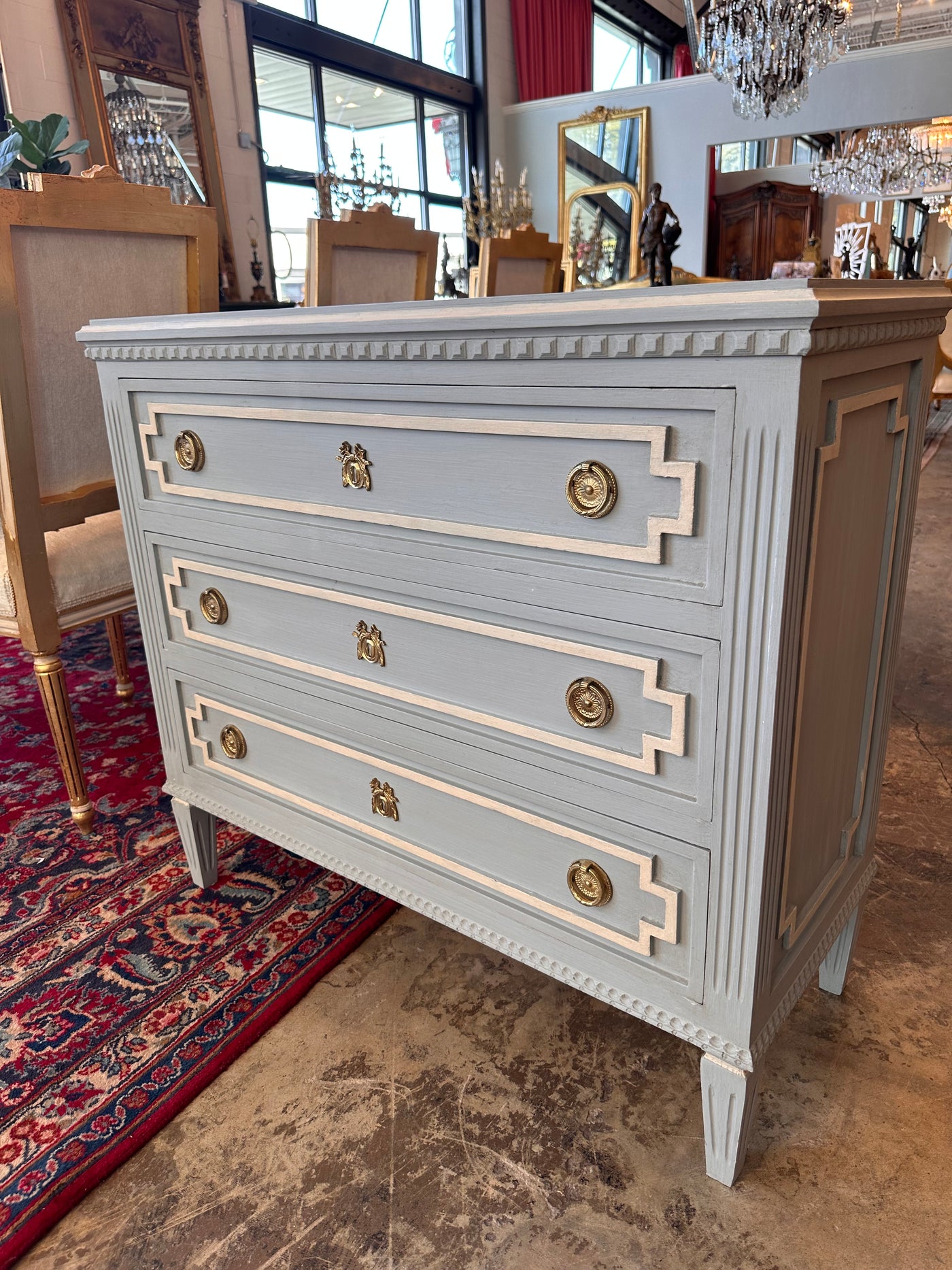 Swedish Chest with Dentil Molding in Blue & White | Le Chateau | European Luxury Furniture in Atlanta