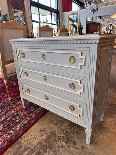 Swedish Chest with Dentil Molding in Blue & White | Le Chateau | European Luxury Furniture in Atlanta