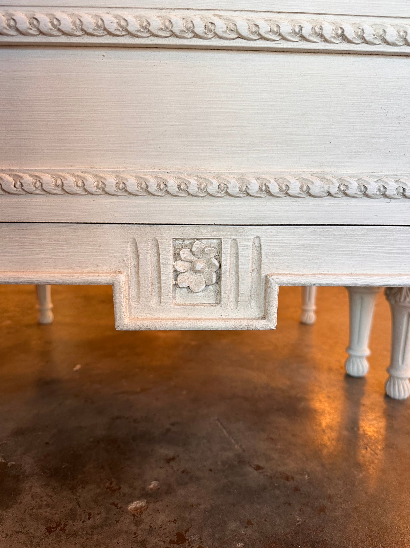 White Swedish Chest with Flower Detail | Le Chateau | European Luxury Furniture in Atlanta