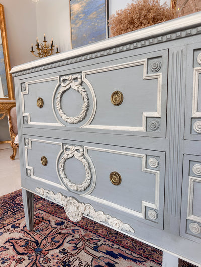 Swedish 4 Drawer Dresser in Soft Blue and White Trim