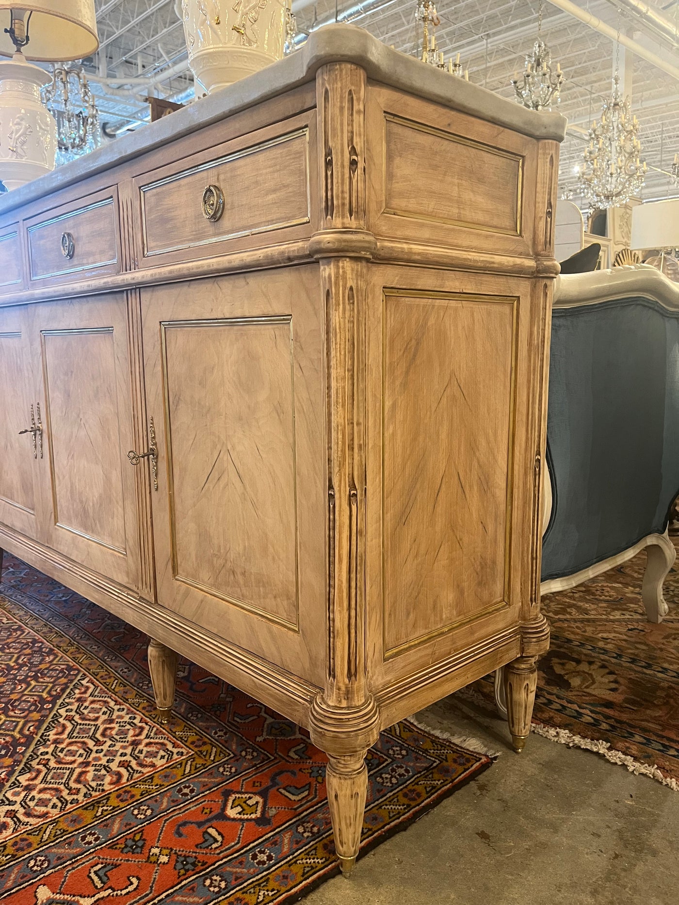 Louis XVI Natural Burl Wood Sideboard with Marble Top