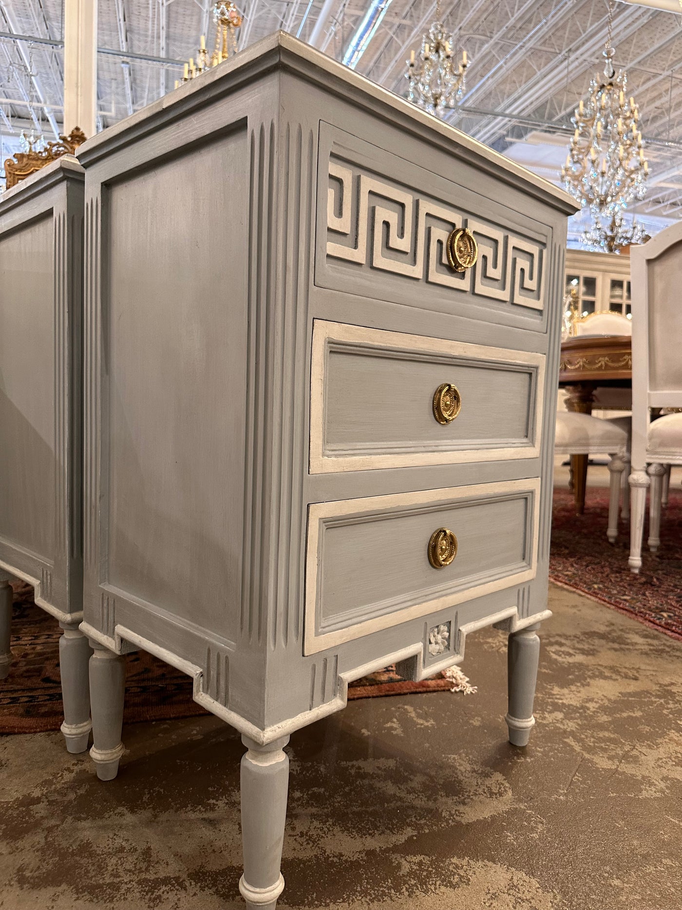 Antique Swedish Greek Key Nightstand in Blue with White | Le Chateau | European Luxury Furniture in Atlanta