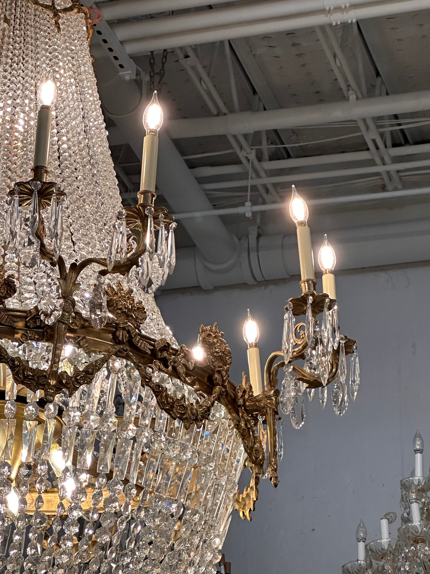 Grand Empire Chandelier with Ornate Candelabra Arms