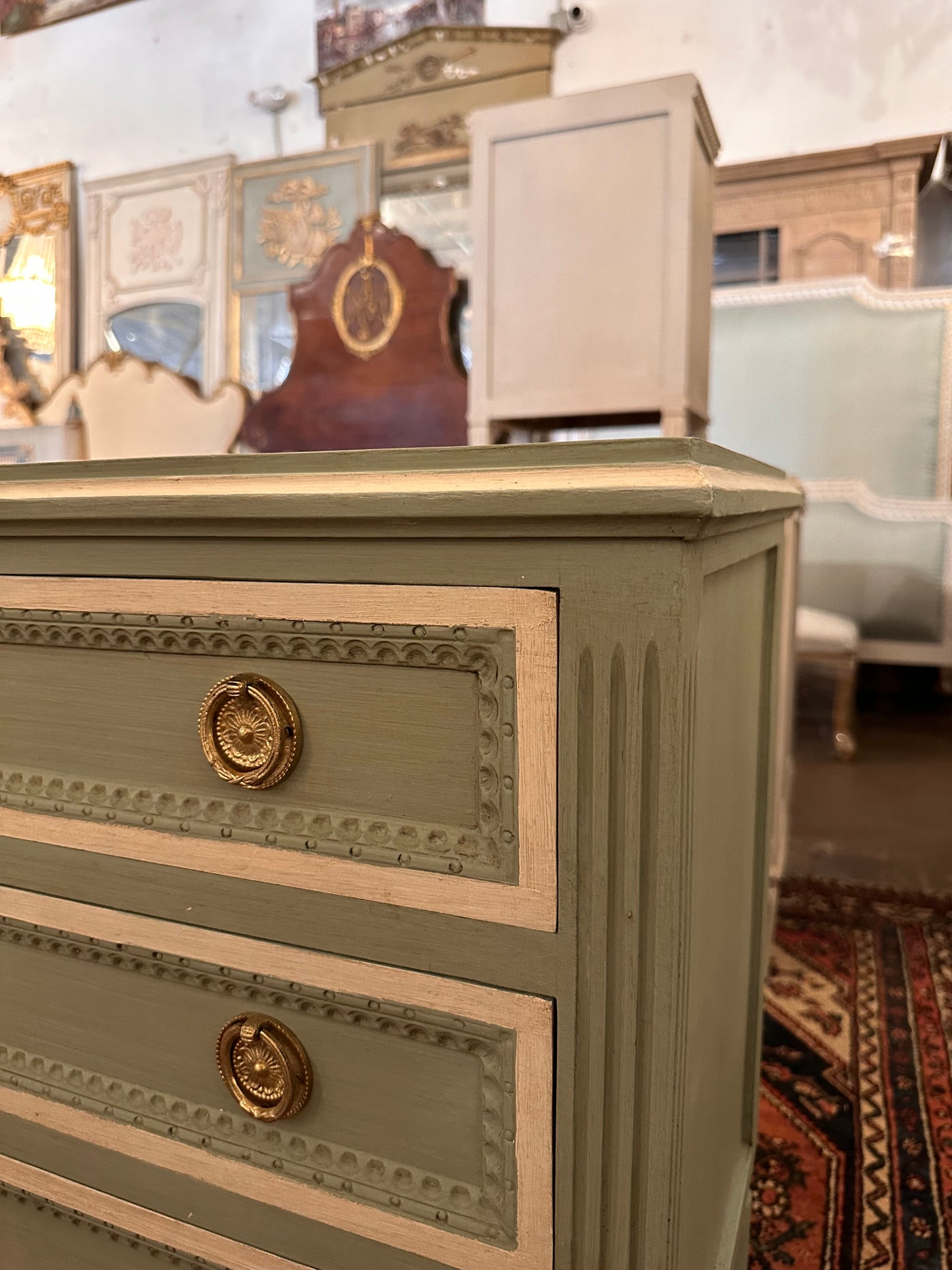 Green & White Swedish Chest with Rounded Legs | Le Chateau | European Luxury Furniture in Atlanta