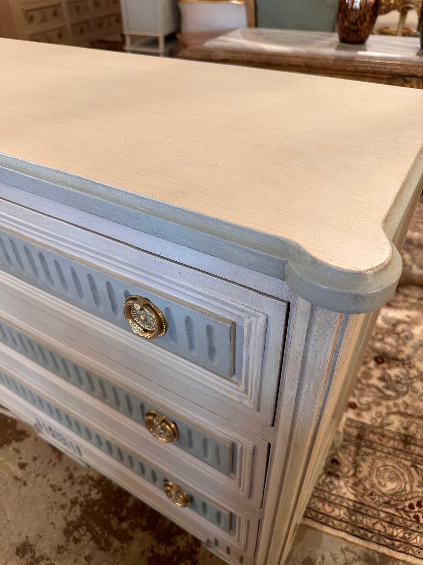 Swedish Chest with Fluting in White and Blue | Le Chateau | European Luxury Furniture in Atlanta