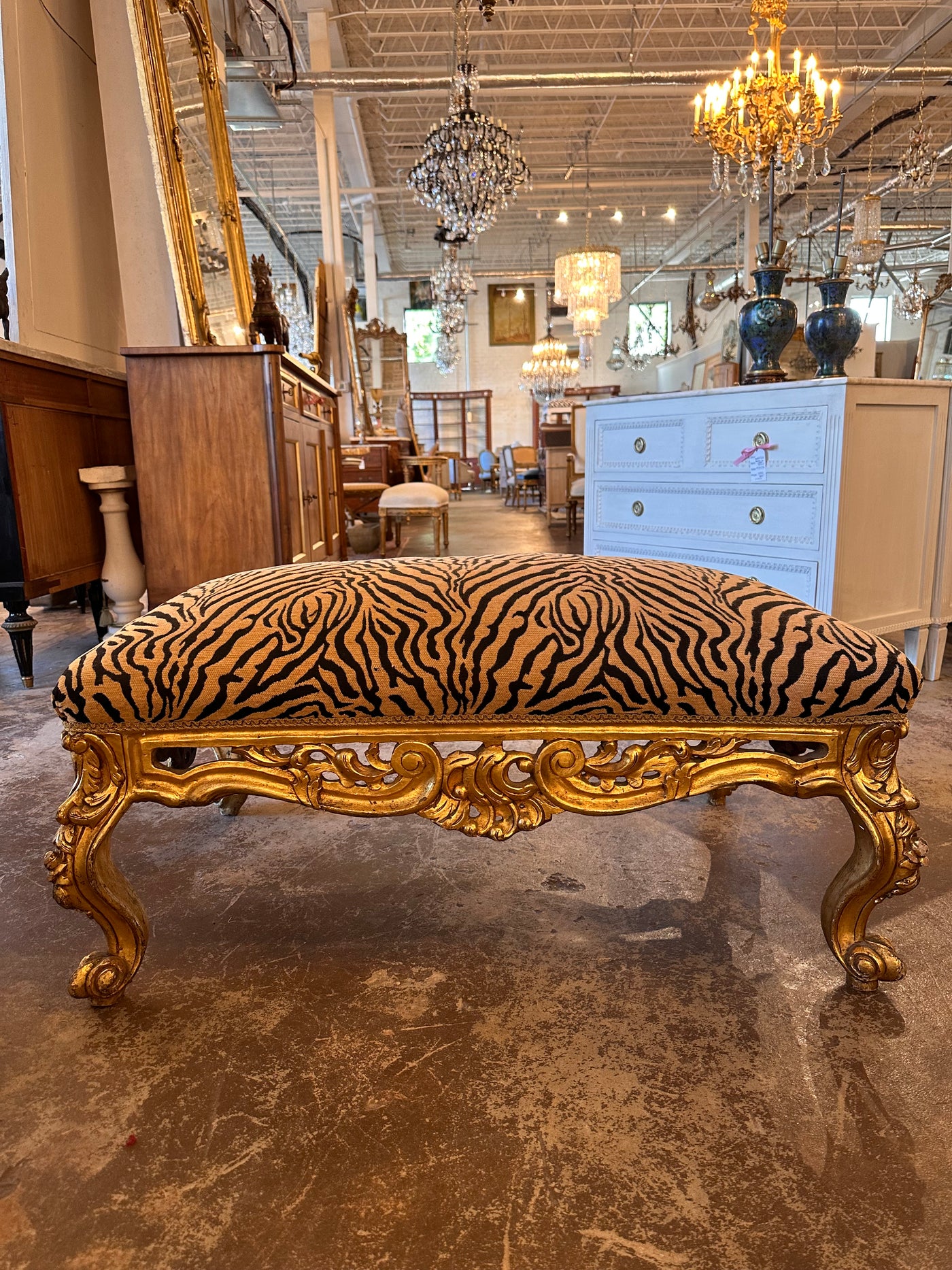 Tan & Black Zebra Print Louis XV Ottoman