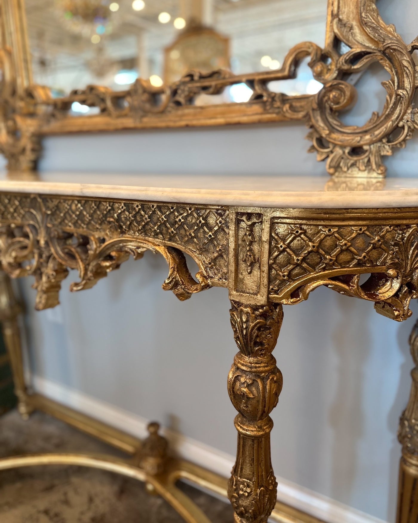 Antique French Giltwood Louis XVI Half Moon Console with Marble Top | Le Chateau | European Luxury Furniture in Atlanta