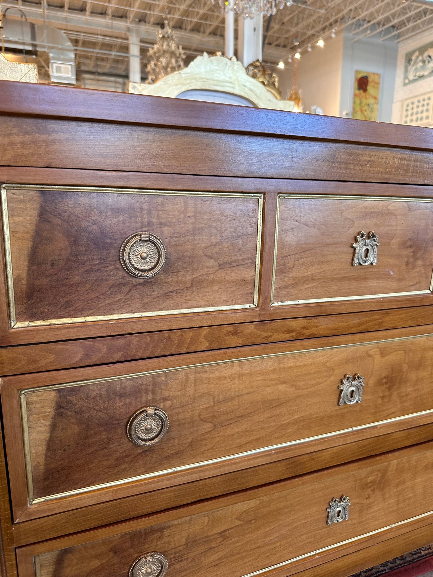 Antique Burl Wood Chest with Escutcheon Brass Detail | Le Chateau | European Luxury Furniture in Atlanta