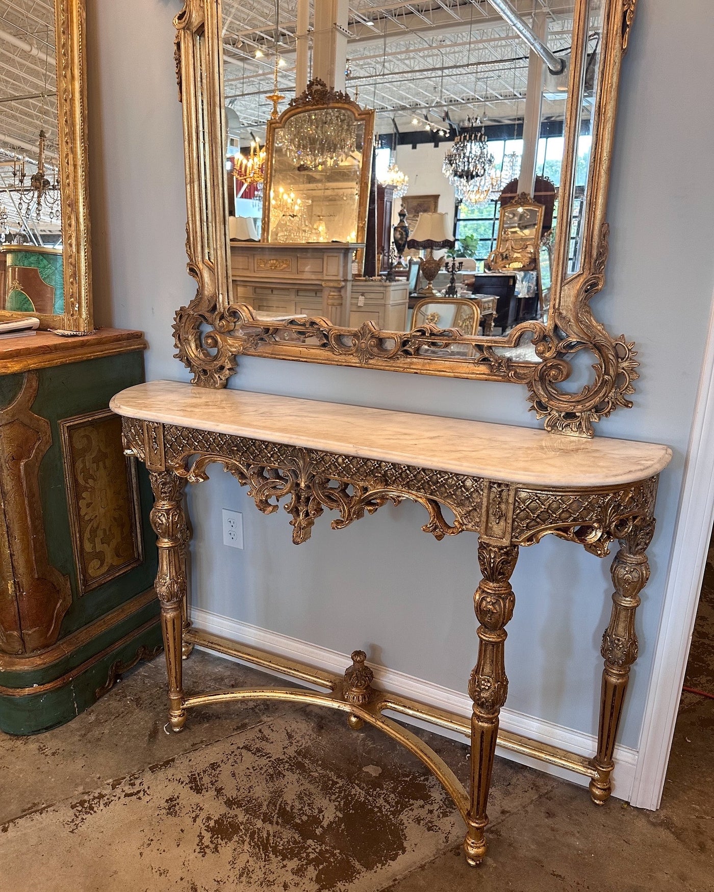 Antique French Giltwood Louis XVI Half Moon Console with Marble Top | Le Chateau | European Luxury Furniture in Atlanta