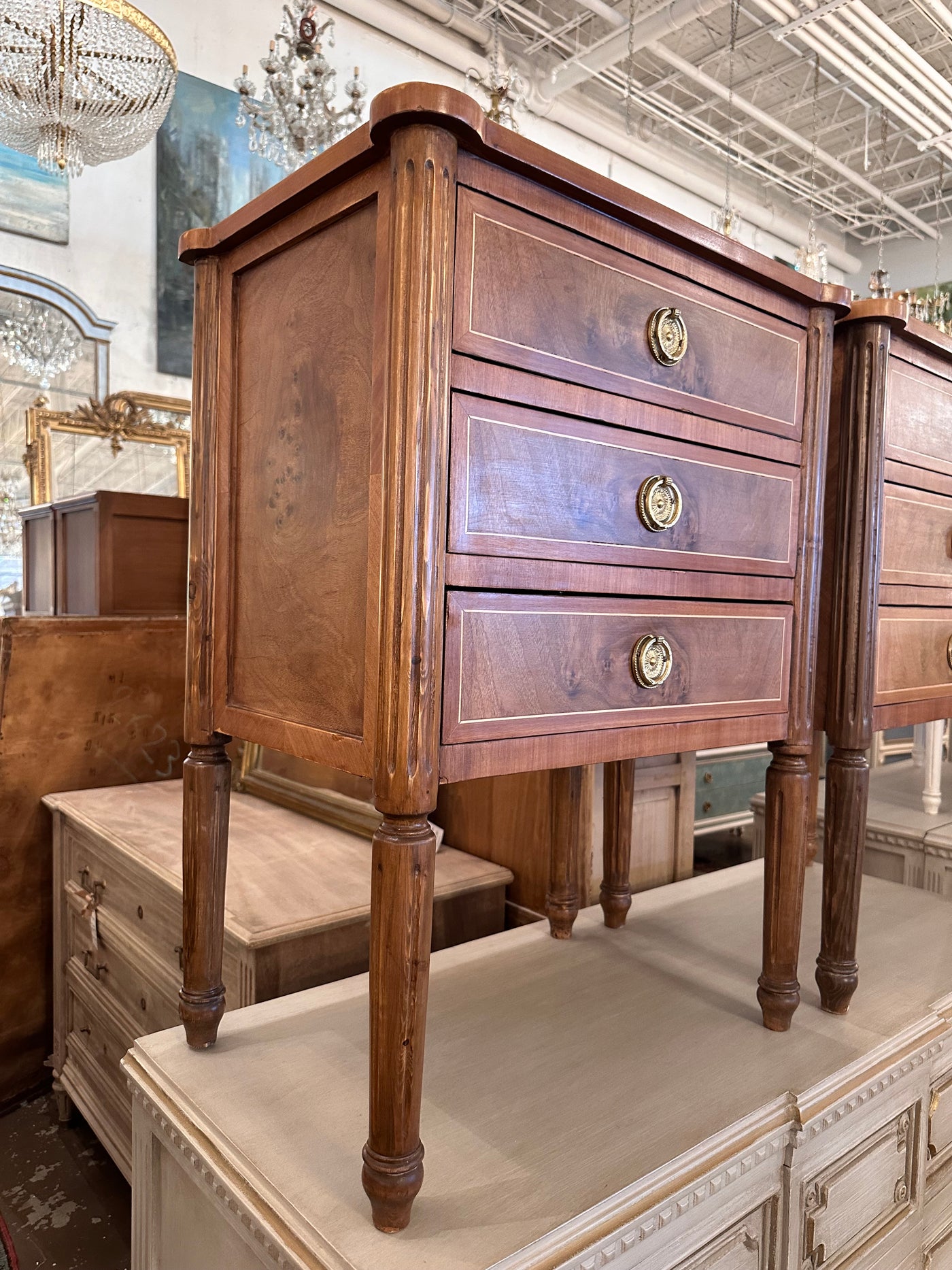 Tall Rounded Corner Burl Wood Nightstand