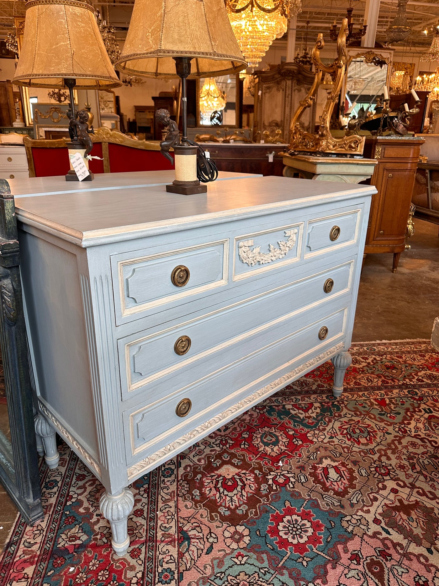 Blue Swedish Chest with White Carved Detailing | Le Chateau | European Luxury Furniture in Atlanta