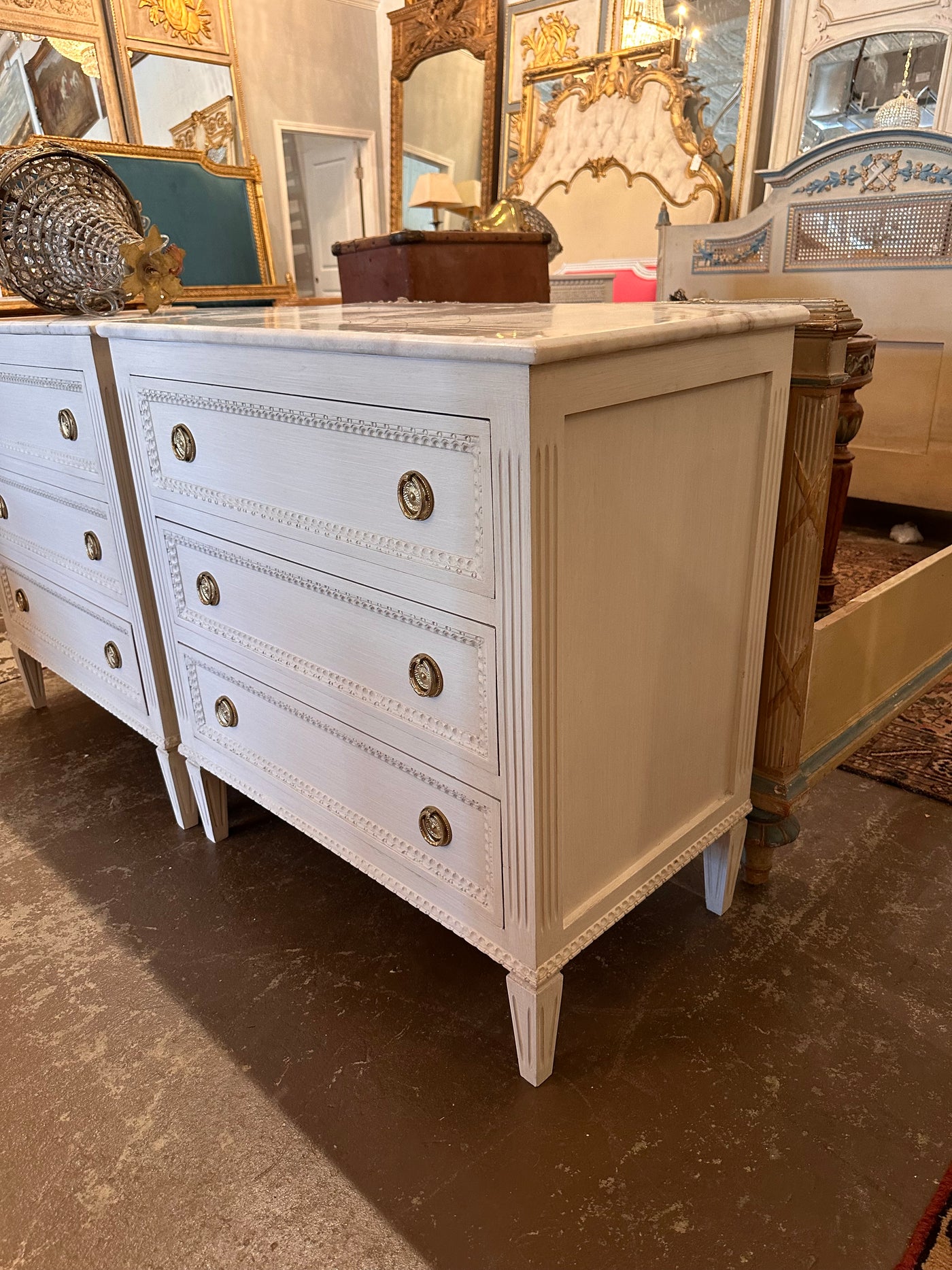 Swedish Beaded Front Nightstand with Marble Top